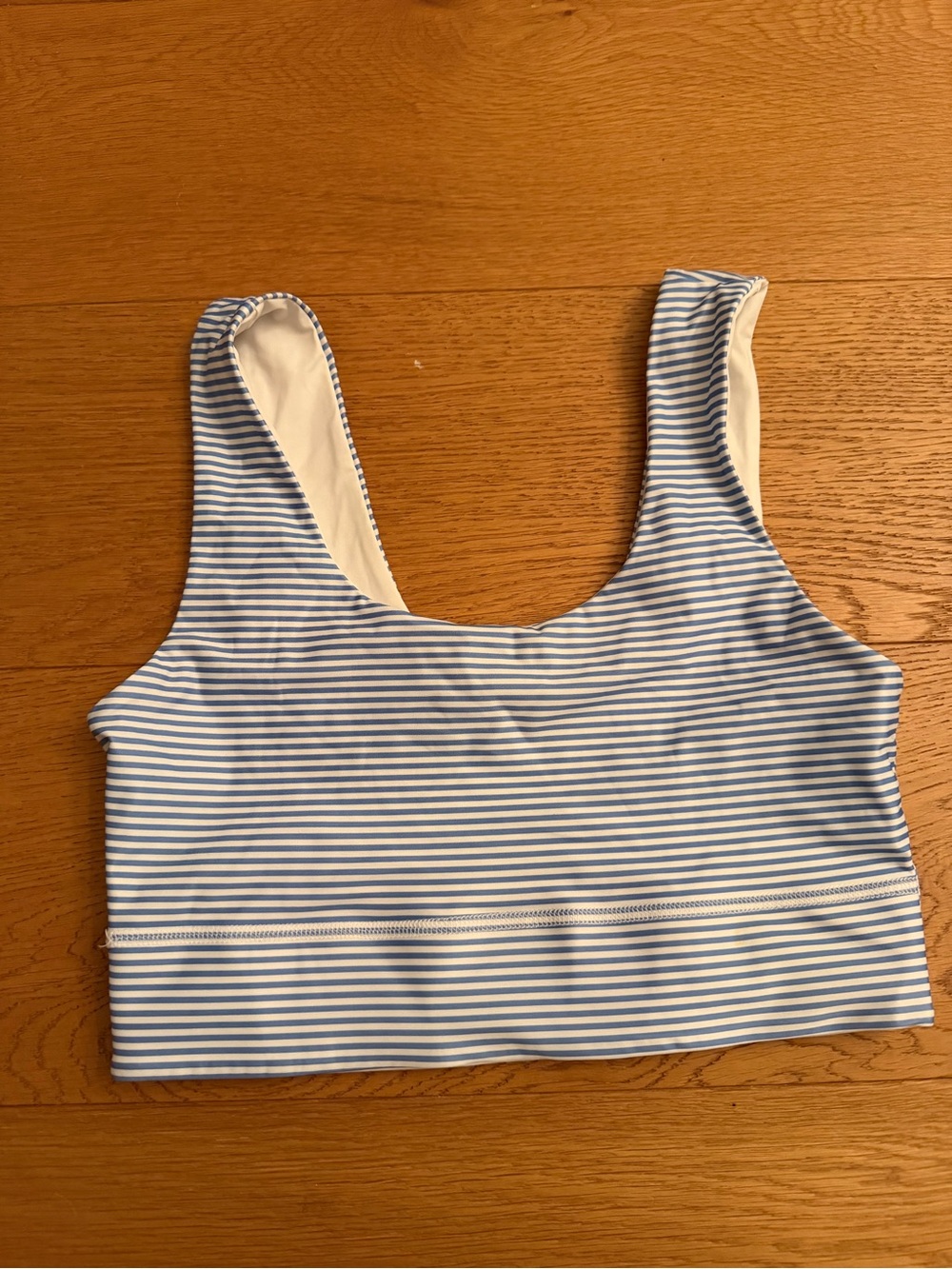 Fabletics Light Blue and White Striped Scoop Sports Bra